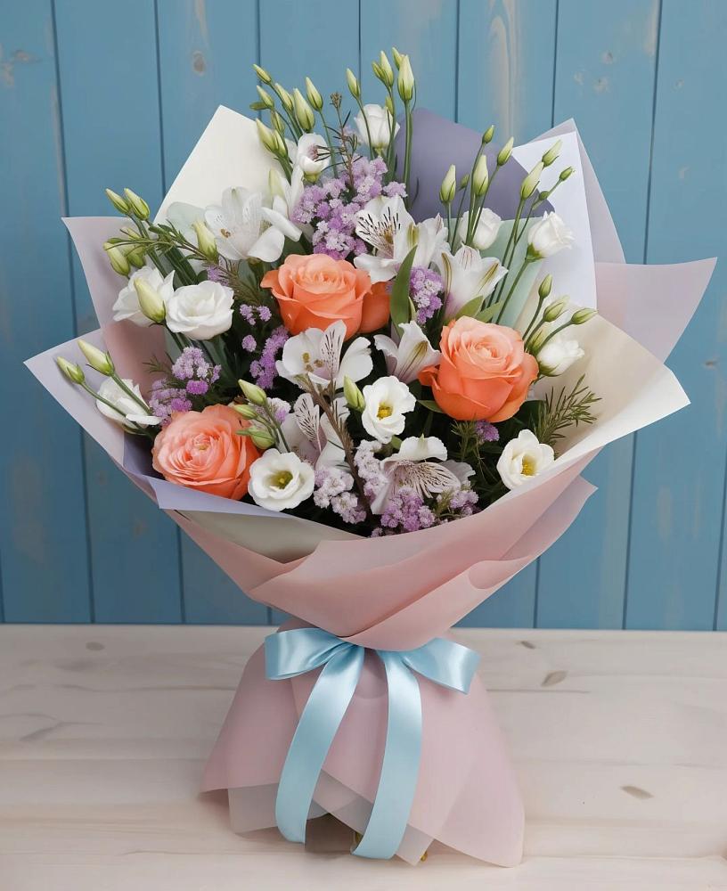 Букет цветов из: Лизиантусы, Розы, Альстромерии и Гипсофила в Георгиевской