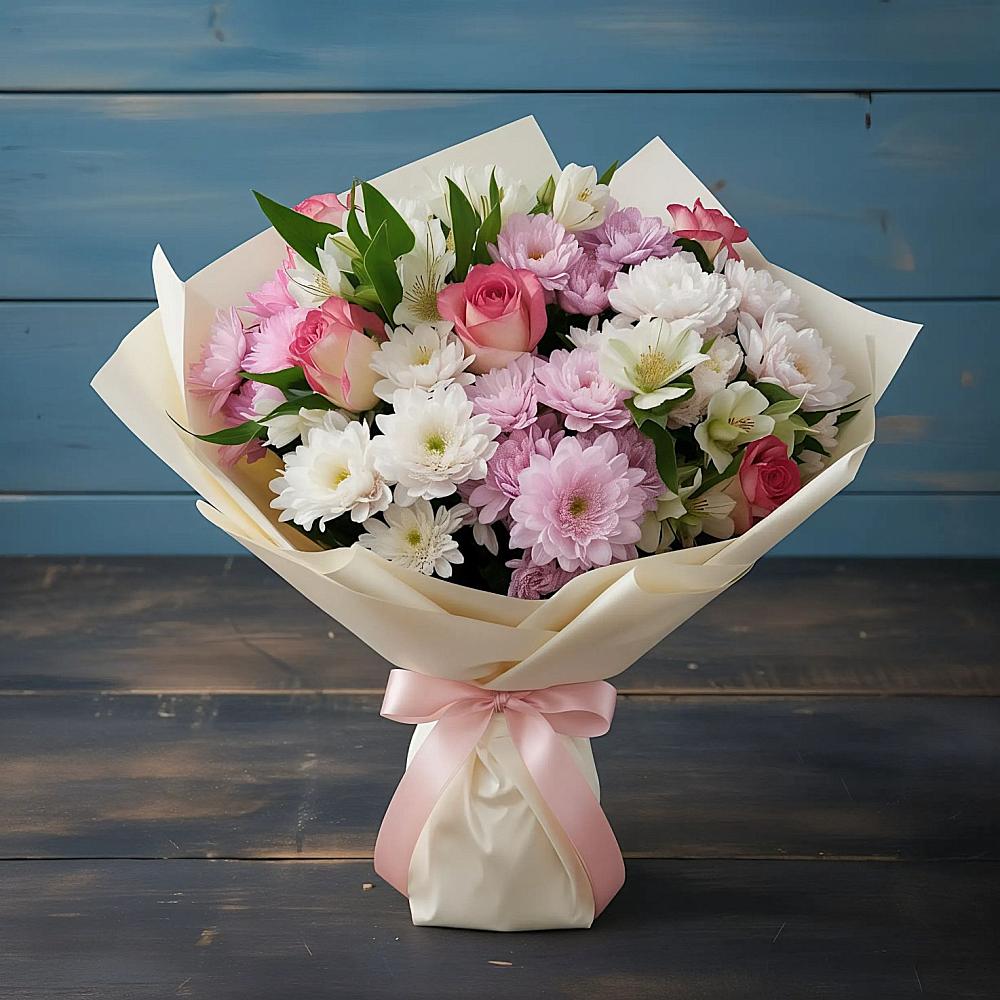 Букет цветов из: Хризантемы, Альстромерии и Розы в Георгиевской